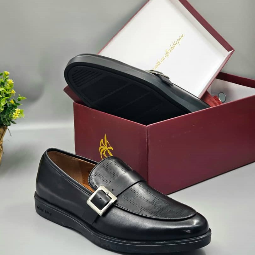 Anax Classic Black Dot Patterned Loafer Shoe with Single Belt Buckle