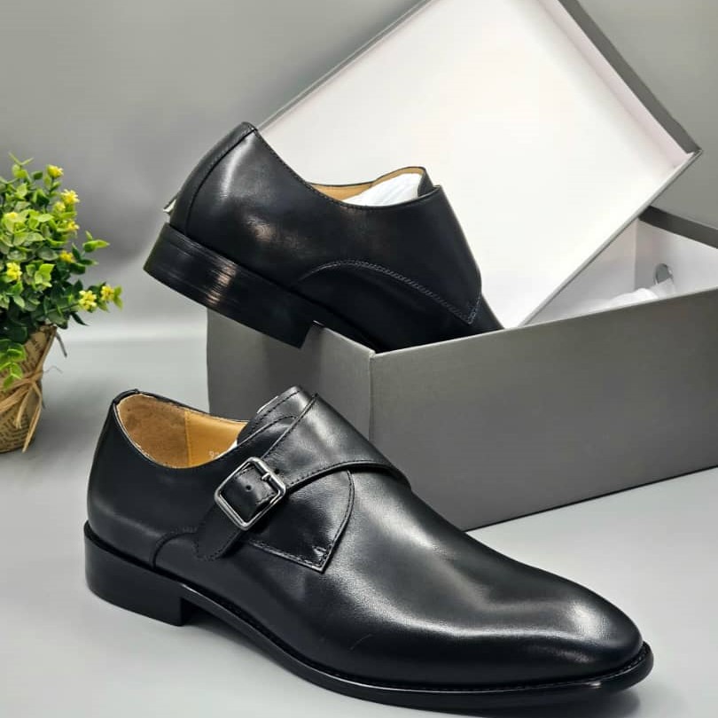Executive Black Plain Leather Shoe with Single belt buckle