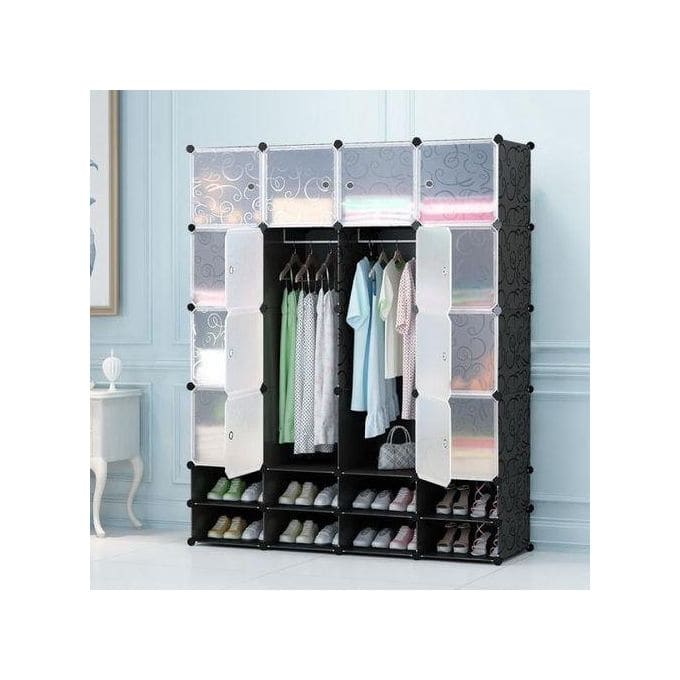 Lindy 16 Cubes Wardrobe + 8 Shoe Rack - Black/White