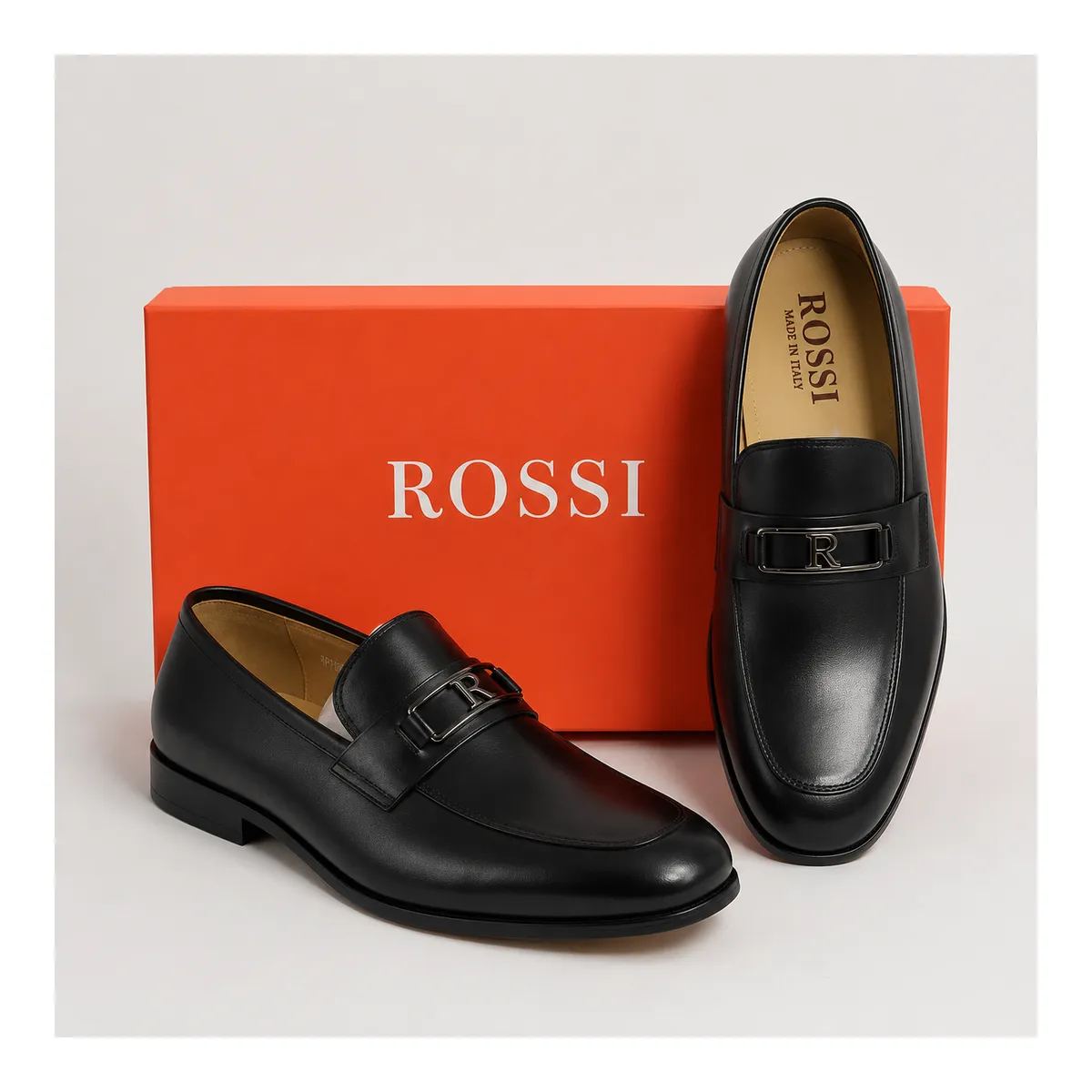 Rossi Men’s Black Leather Logo-Buckle Loafers