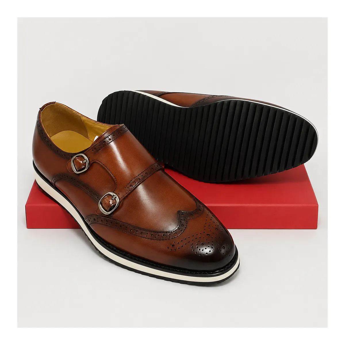 Bossi Men’s Brown Double Monk-Strap Wingtip Brogue Shoes