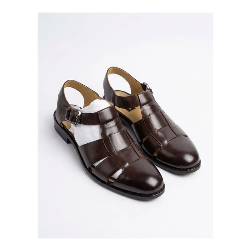 Men’s Dark Brown Leather Fisherman Sandals – Buckle Closed-Toe Shoes